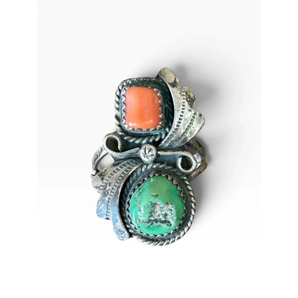 Vintage Sterling Silver Turquoise Coral Ring Southwestern Native Style Size 7.5